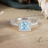 Princess Cut Aquamarine Engagement Ring Half Eternity Halo Promise Ring